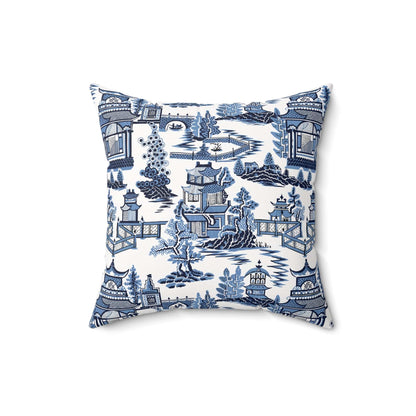 Kate McEnroe New York Chinoiserie Blue Willow Pagoda Throw Pillow, Traditional Blue White Asian Scene Cushions Throw Pillows 16" × 16" 41792297557949770332