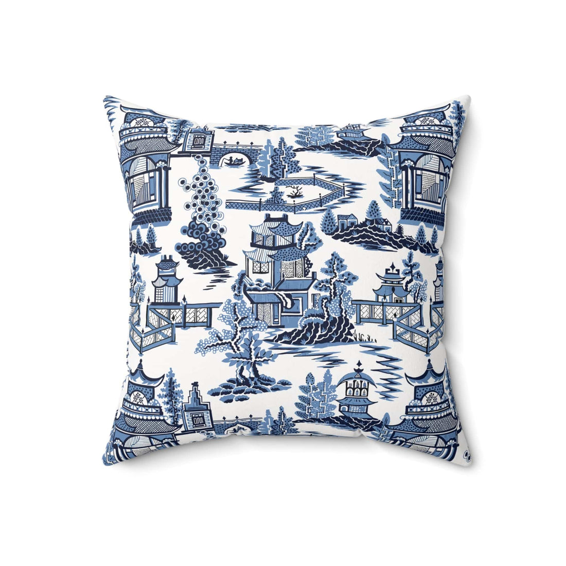 Kate McEnroe New York Chinoiserie Blue Willow Pagoda Throw Pillow, Traditional Blue White Asian Scene Cushions Throw Pillows 18&quot; × 18&quot; 32609981021871205436