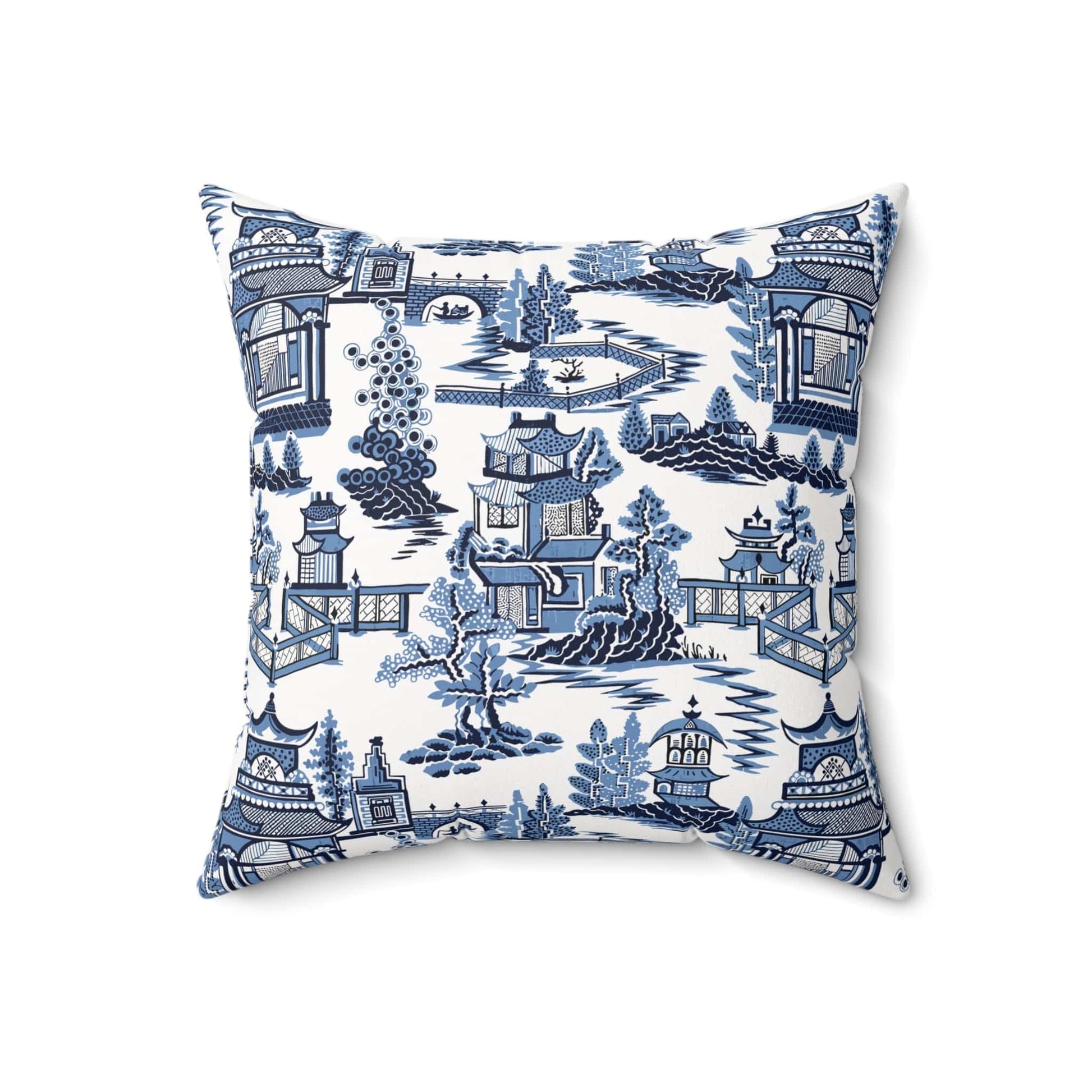Kate McEnroe New York Chinoiserie Blue Willow Pagoda Throw Pillow, Traditional Blue White Asian Scene Cushions Throw Pillows 18" × 18" 32609981021871205436