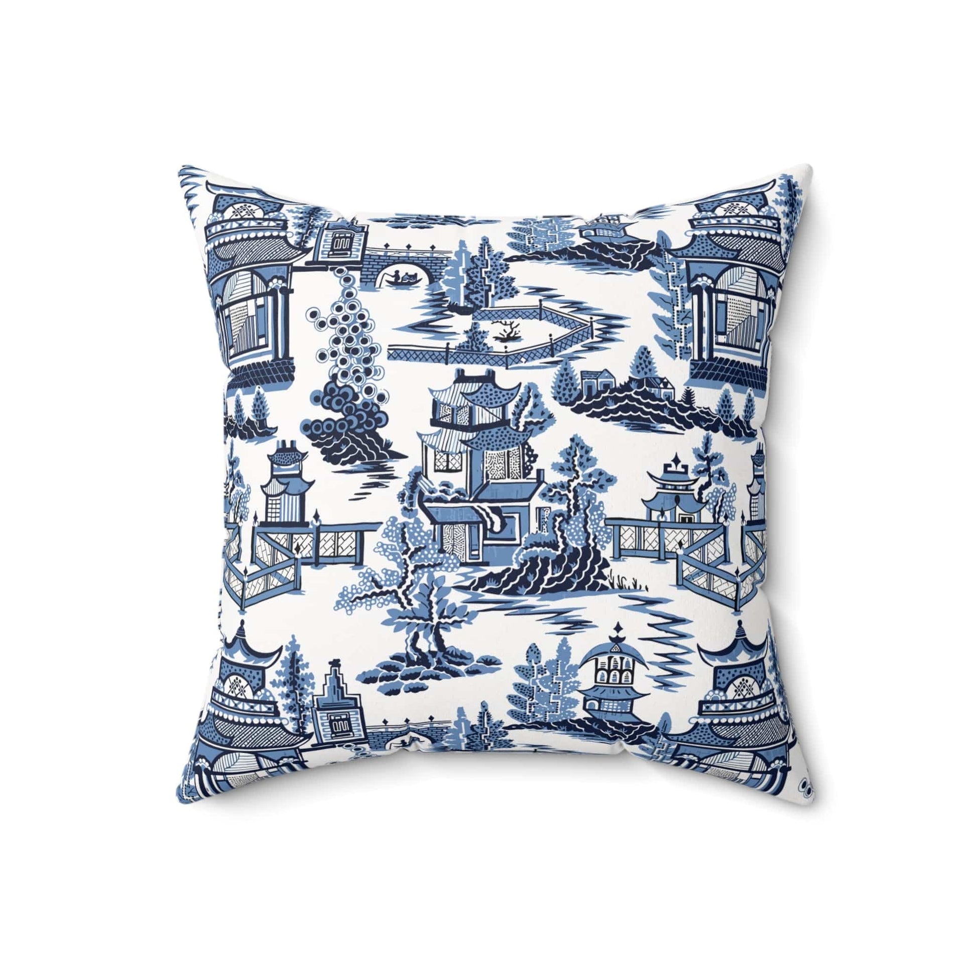 Kate McEnroe New York Chinoiserie Blue Willow Pagoda Throw Pillow, Traditional Blue White Asian Scene Cushions Throw Pillows