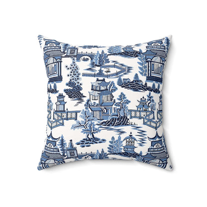 Kate McEnroe New York Chinoiserie Blue Willow Pagoda Throw Pillow, Traditional Blue White Asian Scene CushionsThrow Pillows41792297557949770332