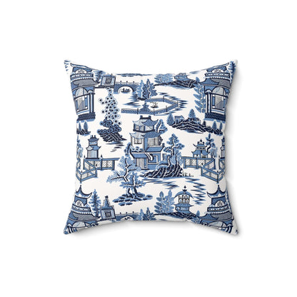 Kate McEnroe New York Chinoiserie Blue Willow Pagoda Throw Pillow, Traditional Blue White Asian Scene CushionsThrow Pillows41792297557949770332