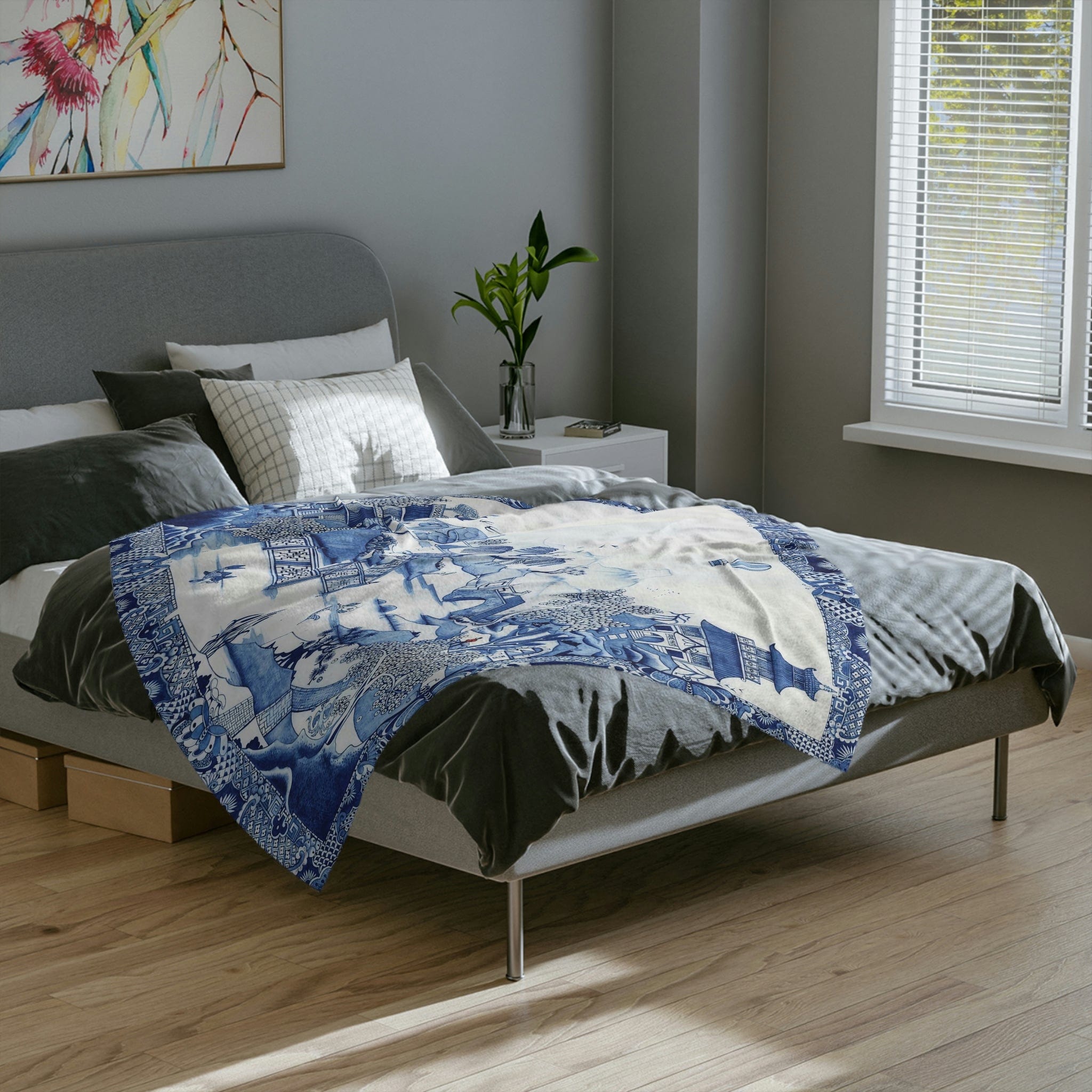 Kate McEnroe New York Chinoiserie Blue Willow Velveteen Throw BlanketBlanketsBLA - CHI - WIL - 6X5