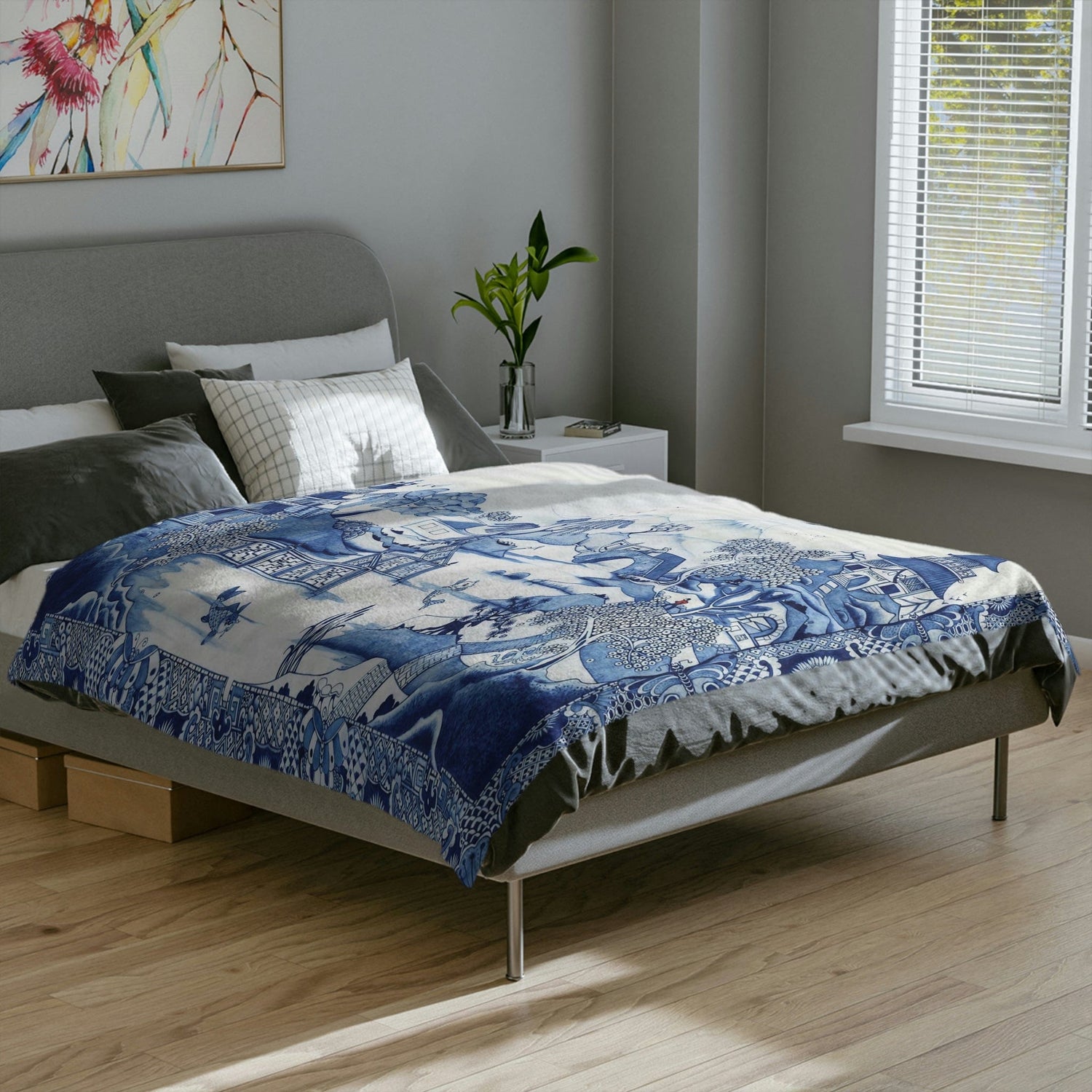 Kate McEnroe New York Chinoiserie Blue Willow Velveteen Throw BlanketBlanketsBLA - CHI - WIL - 8X6