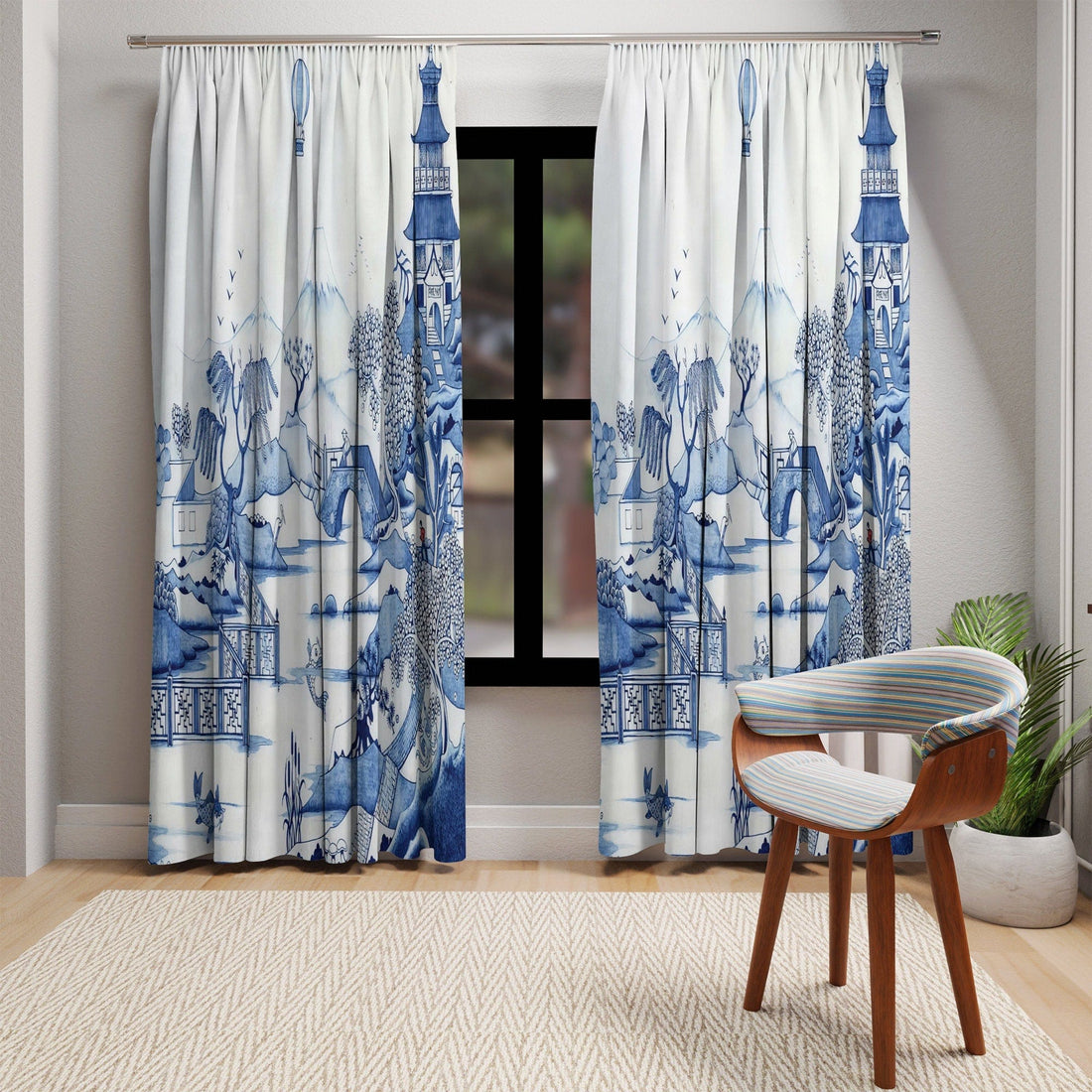 Kate McEnroe New York Chinoiserie Blue Willow Window Curtains, Maximalist Floral Blue, White Window Covering, Country Farmhouse Window Treatment - 124081423Window CurtainsW3D - CHI - BLW1 - SH2