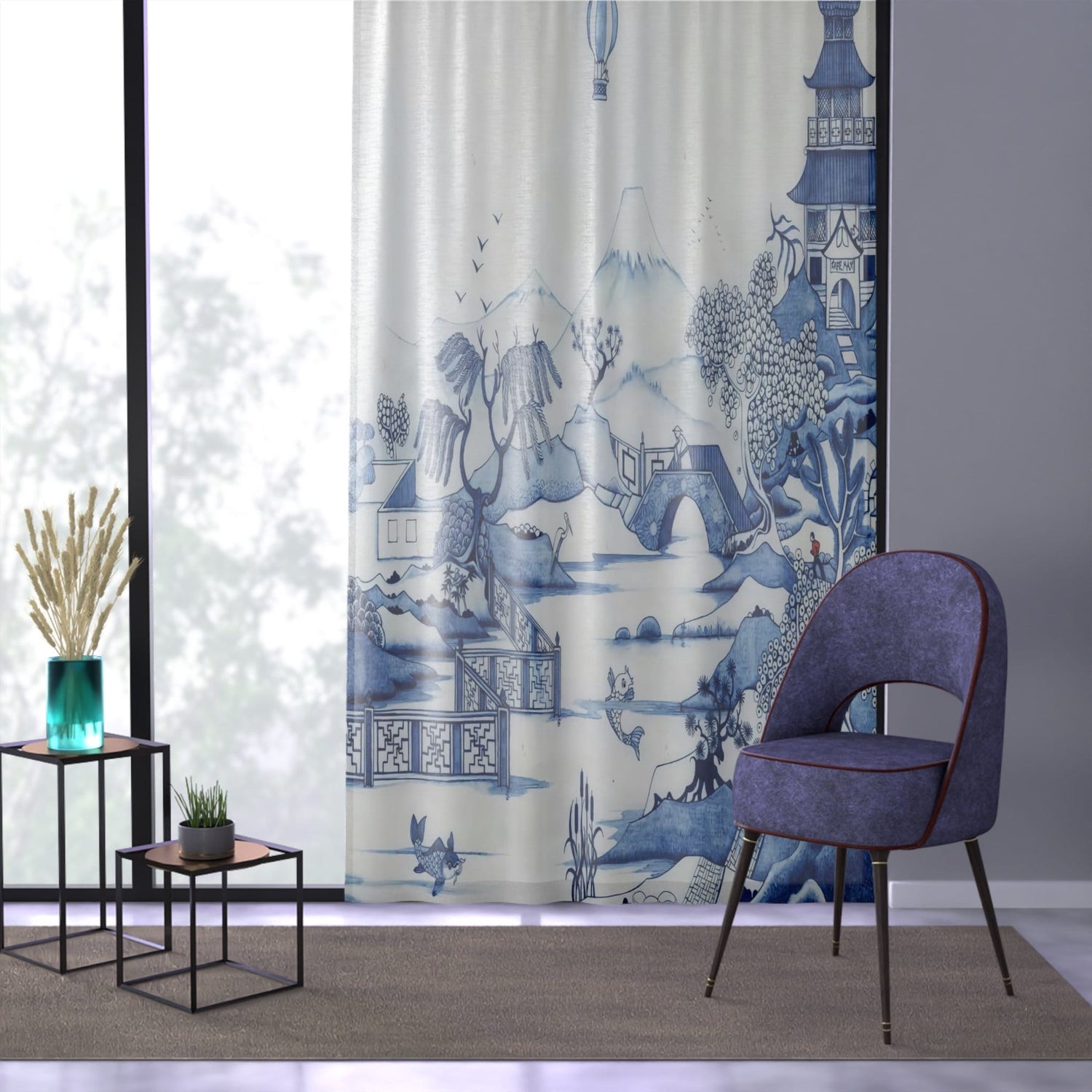 Kate McEnroe New York Chinoiserie Blue Willow Window Curtains, Maximalist Floral Blue, White Window Covering, Country Farmhouse Window Treatment - 124081423Window CurtainsW3D - CHI - BLW1 - SH2