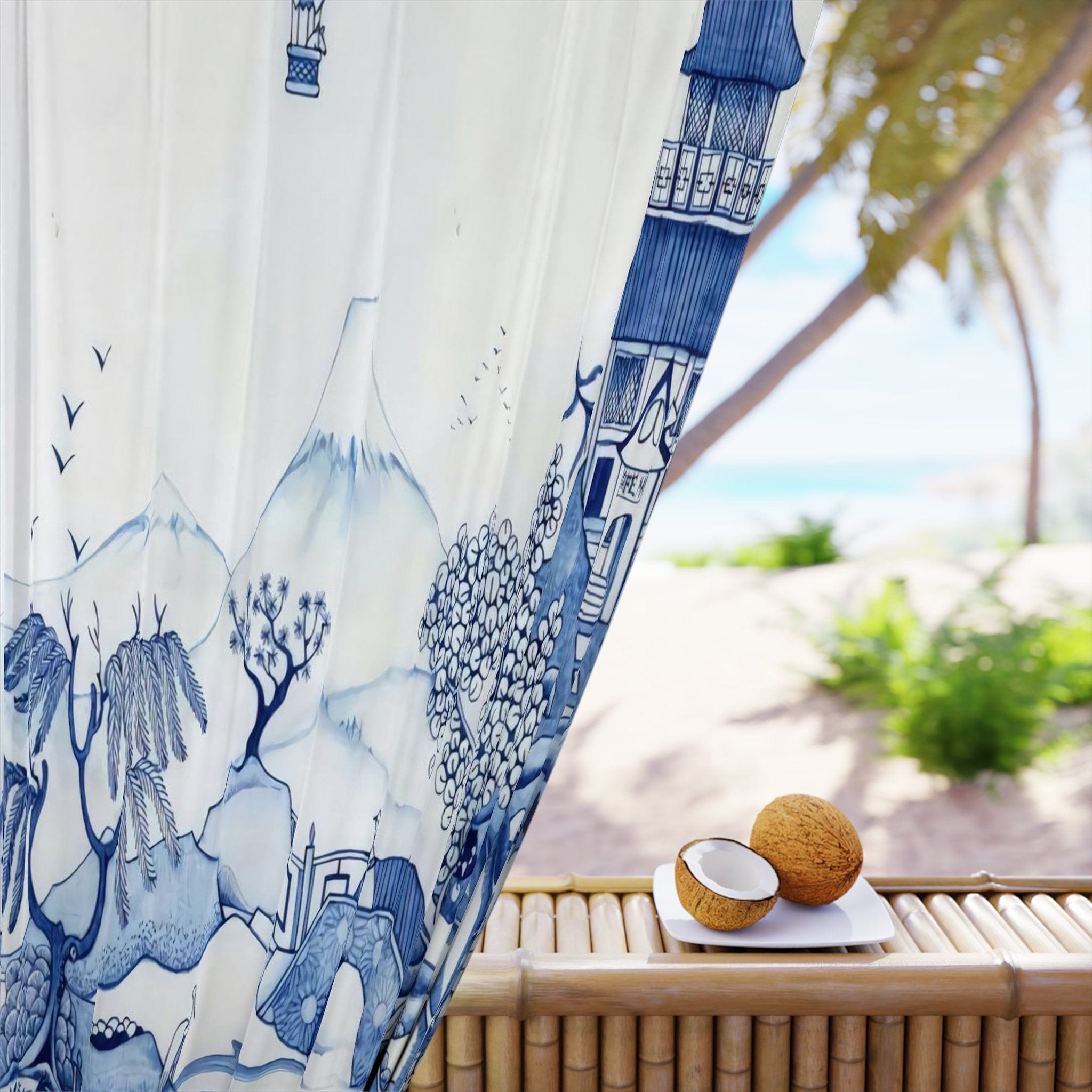 Kate McEnroe New York Chinoiserie Blue Willow Window Curtains, Maximalist Floral Blue, White Window Covering, Country Farmhouse Window Treatment - 124081423Window CurtainsW3D - CHI - BLW1 - SH2