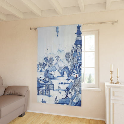 Kate McEnroe New York Chinoiserie Blue Willow Window Curtains, Maximalist Floral Blue, White Window Covering, Country Farmhouse Window Treatment - 124081423Window CurtainsW3D - CHI - BLW1 - SH2