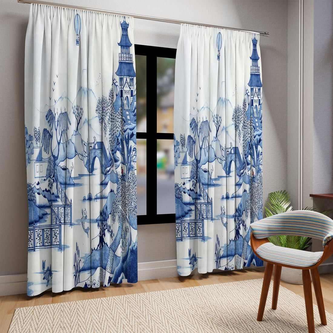 Kate McEnroe New York Chinoiserie Blue Willow Window Curtains, Maximalist Floral Blue, White Window Covering, Country Farmhouse Window Treatment - 124081423Window CurtainsW3D - CHI - BLW1 - SH2