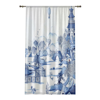 Kate McEnroe New York Chinoiserie Blue Willow Window Curtains, Maximalist Floral Blue, White Window Covering, Country Farmhouse Window Treatment - 124081423Window CurtainsW3D - CHI - BLW1 - SH2