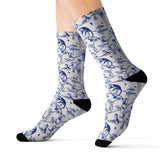 Kate McEnroe New York Chinoiserie Botanical Toile Crew Length Socks, Fleece Lined, Ribbed Tube, Cushioned Bottom Footwear GiftsSocks16203529612005615954