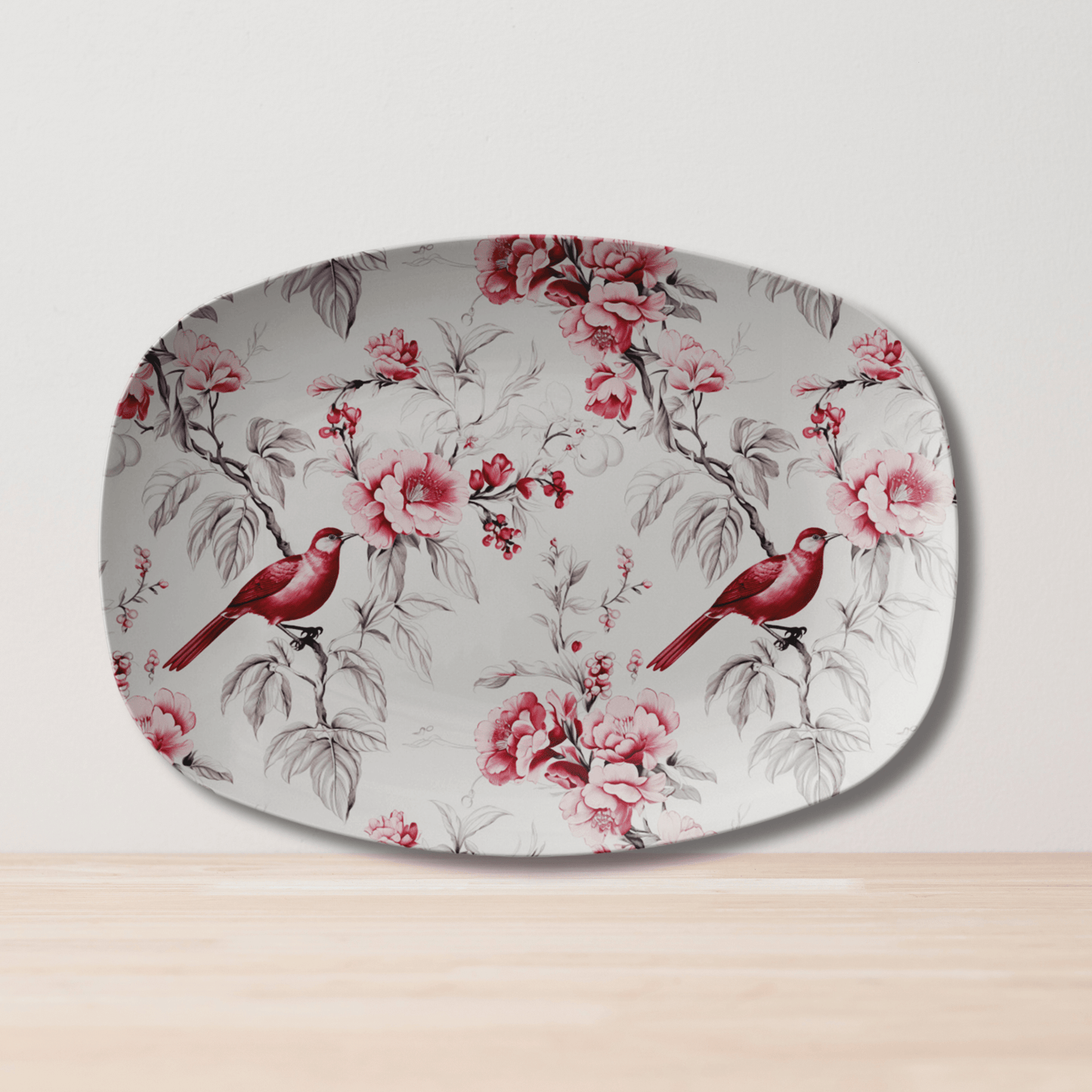 teelaunch CHINOISERIE BOTANICAL TOILE FLORAL CRANBERRY RED AND WHITE SERVING PLATTER.  - 133682923 Kitchenware 9727