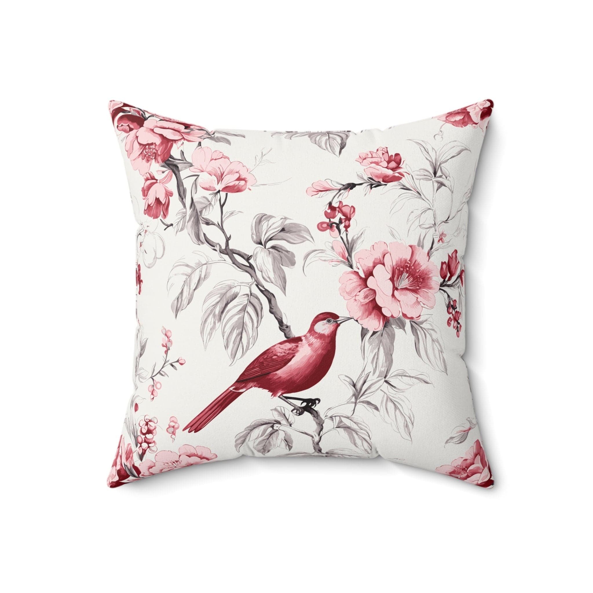 Chinoiserie Botanical Toile Floral Cranberry Red and White Throw Pillow Country Farmhouse Living Room Bedroom Decor 132682823