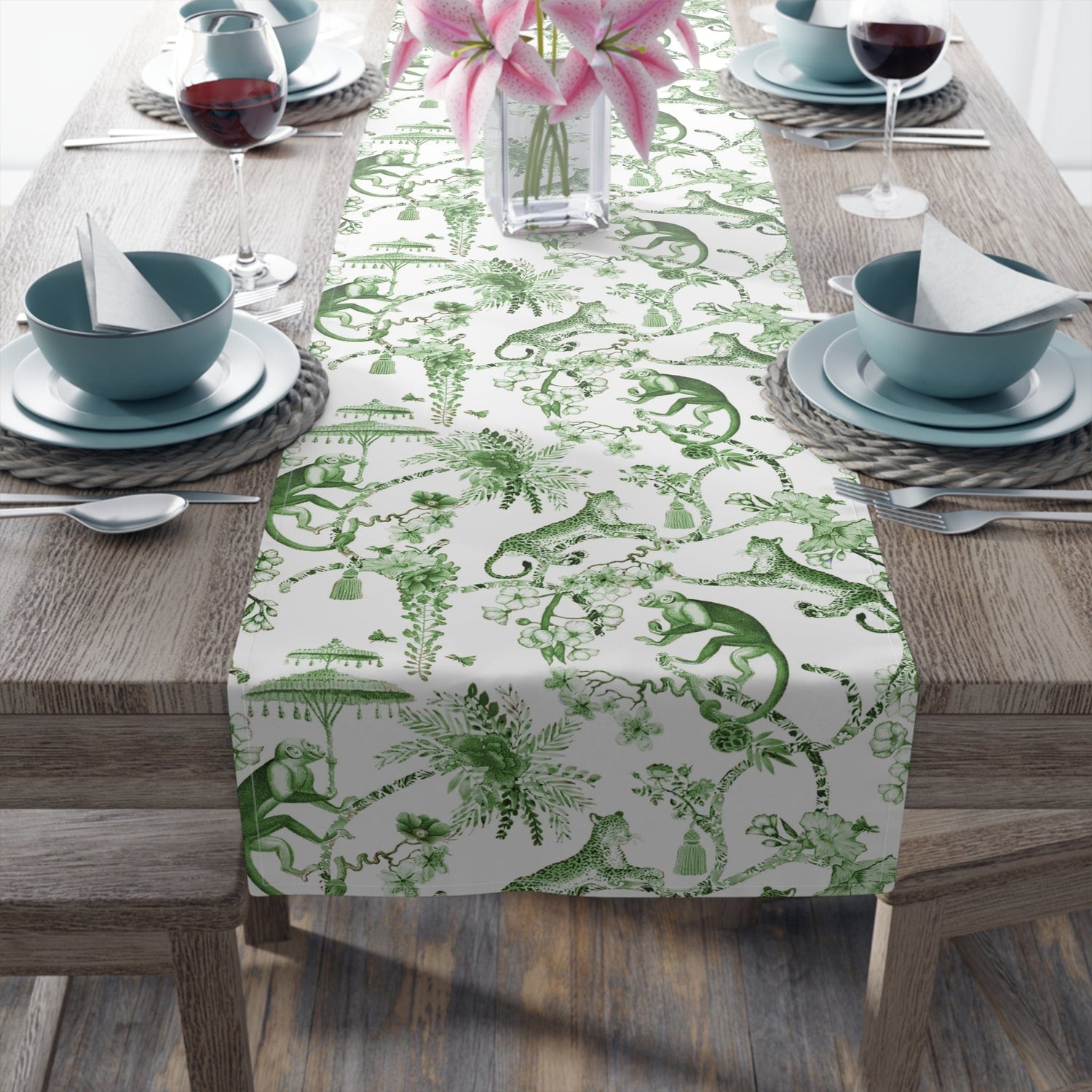 Kate McEnroe New York Chinoiserie Botanical Toile Floral Green, White Table Runner Table Runners 16&quot; × 90&quot; / Cotton Twill 47461679825632729268