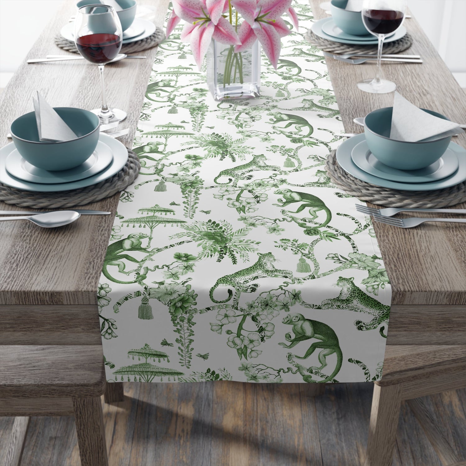 Kate McEnroe New York Chinoiserie Botanical Toile Floral Green, White Table RunnerTable Runners12293512481022192080