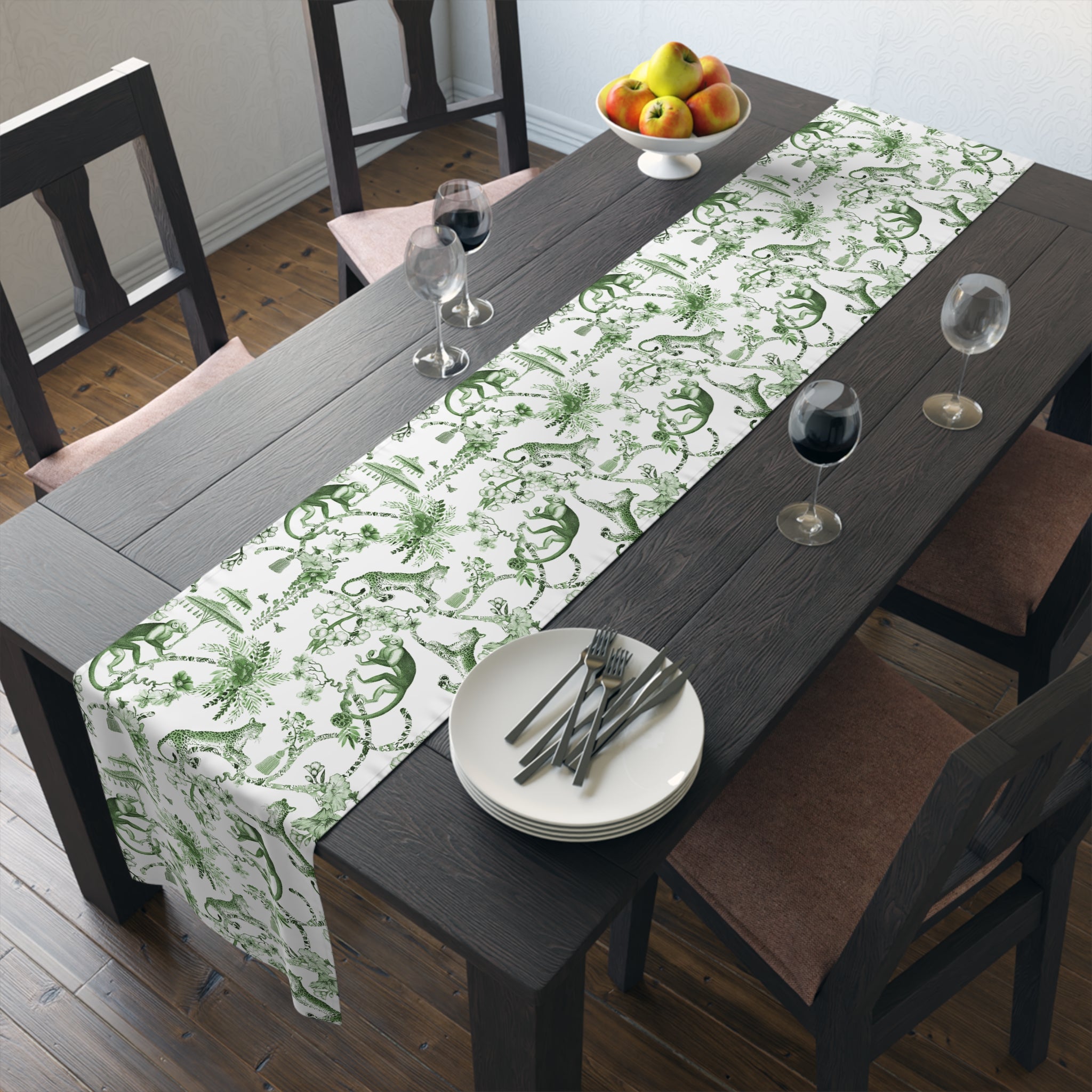 Kate McEnroe New York Chinoiserie Botanical Toile Floral Green, White Table RunnerTable Runners12293512481022192080