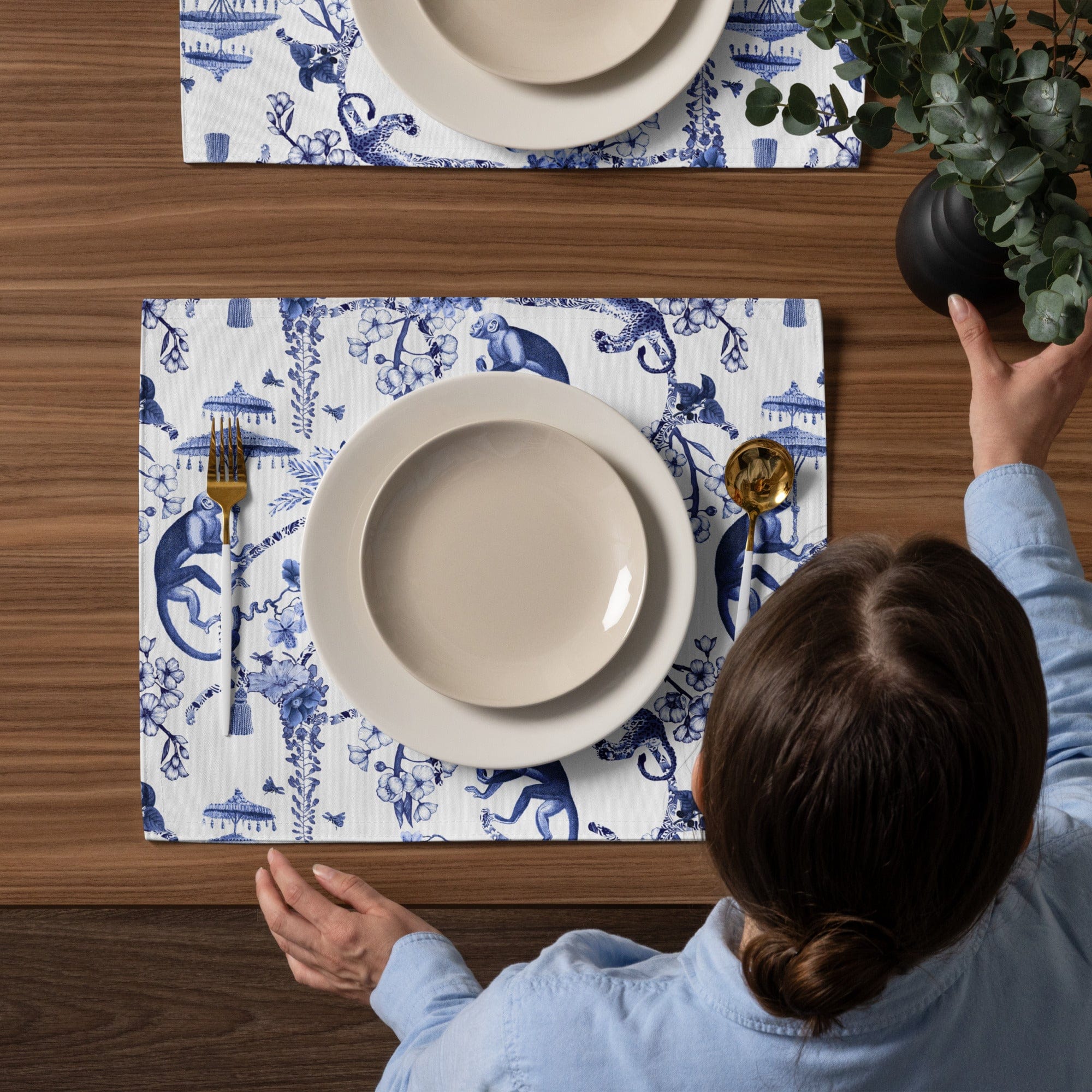 Kate McEnroe New York Chinoiserie Botanical Toile Placemats, Set of 4, Floral Blue and White Chinoiserie Jungle Table Linen, Farmhouse DecorPlacemats6256397_17484