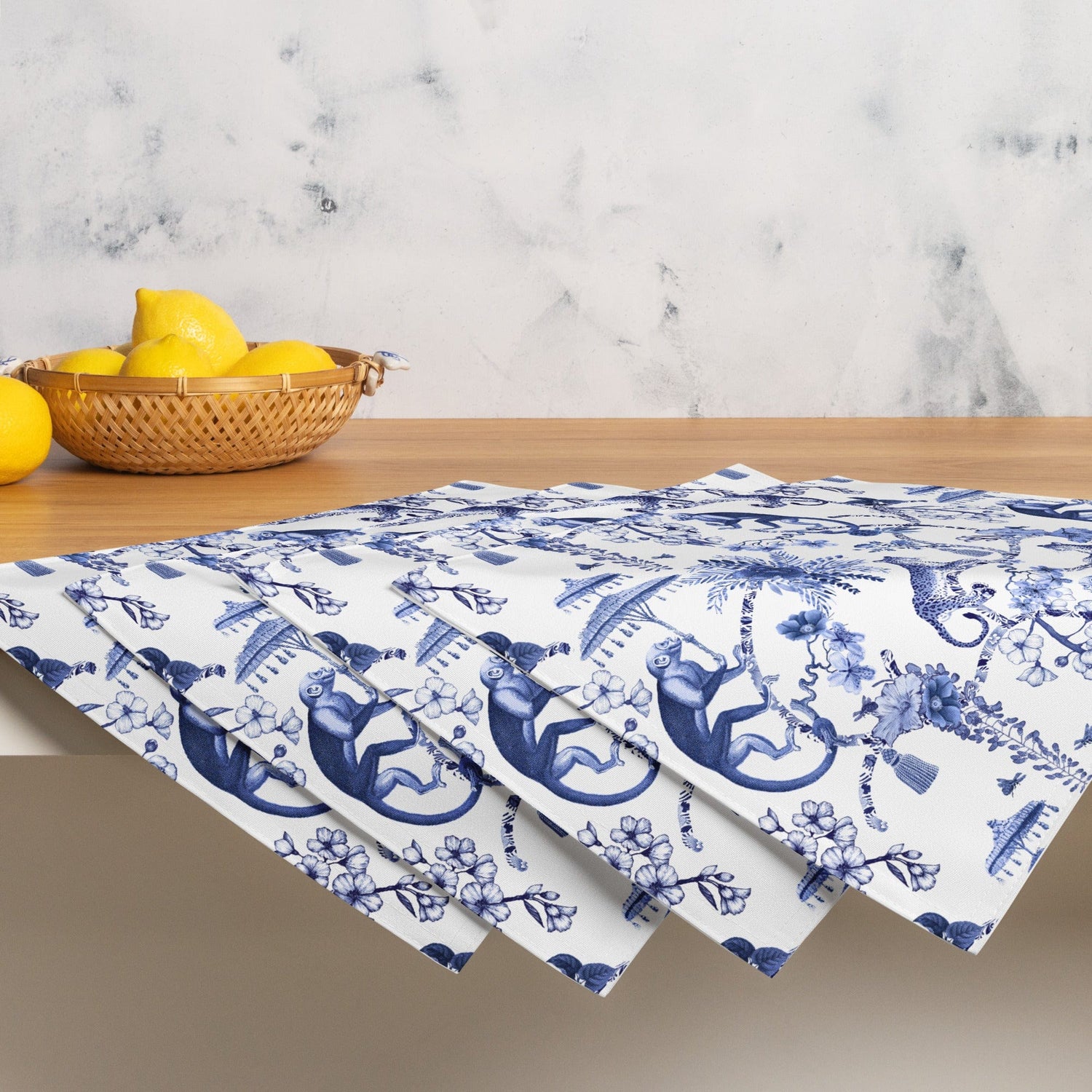 Kate McEnroe New York Chinoiserie Botanical Toile Placemats, Set of 4, Floral Blue and White Chinoiserie Jungle Table Linen, Farmhouse DecorPlacemats6256397_17484