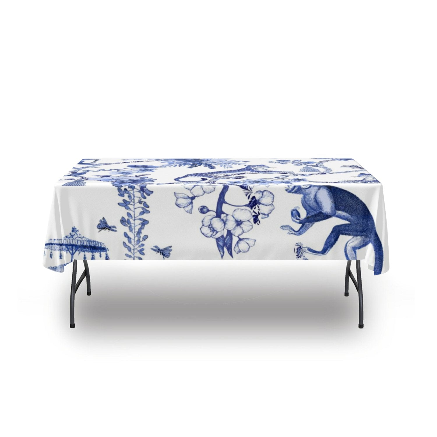 Kate McEnroe New York Chinoiserie Botanical Toile Rectangular Tablecloth, Floral Blue and White Chinoiserie Jungle Table Linen, Farmhouse DecorTablecloths119381