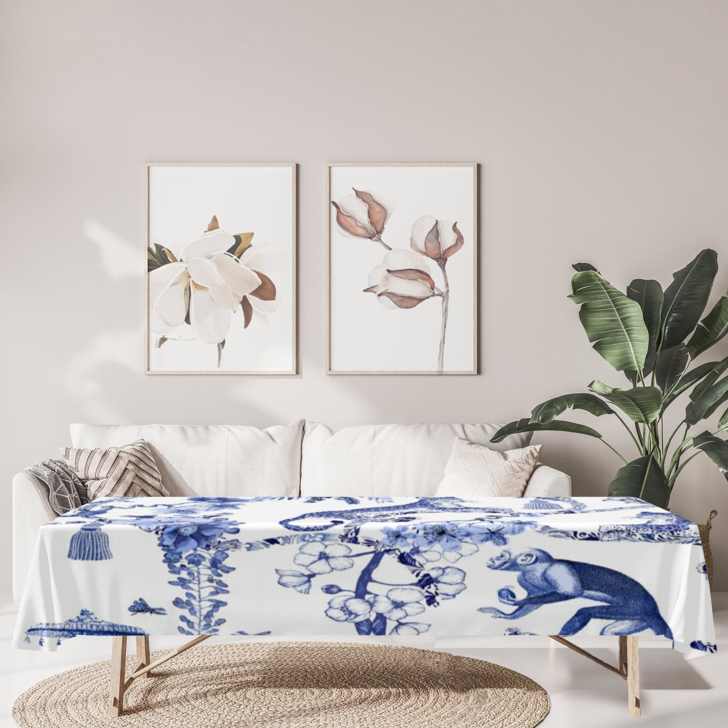 Kate McEnroe New York Chinoiserie Botanical Toile Rectangular Tablecloth, Floral Blue and White Chinoiserie Jungle Table Linen, Farmhouse DecorTablecloths119382