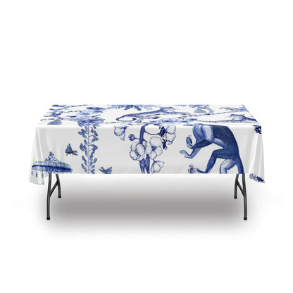 Kate McEnroe New York Chinoiserie Botanical Toile Rectangular Tablecloth, Floral Blue and White Chinoiserie Jungle Table Linen, Farmhouse DecorTablecloths119383