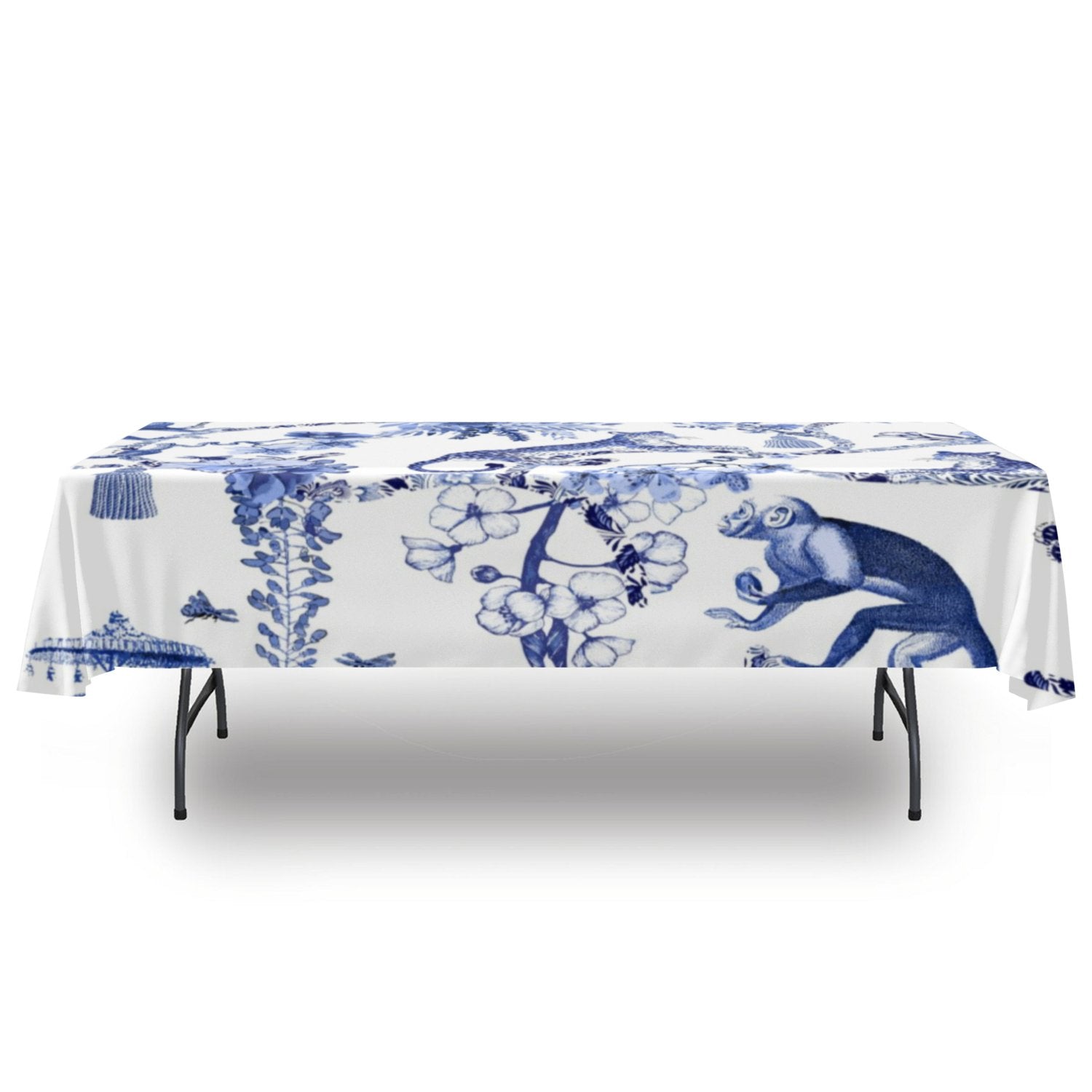 Kate McEnroe New York Chinoiserie Botanical Toile Rectangular Tablecloth, Floral Blue and White Chinoiserie Jungle Table Linen, Farmhouse DecorTablecloths119383