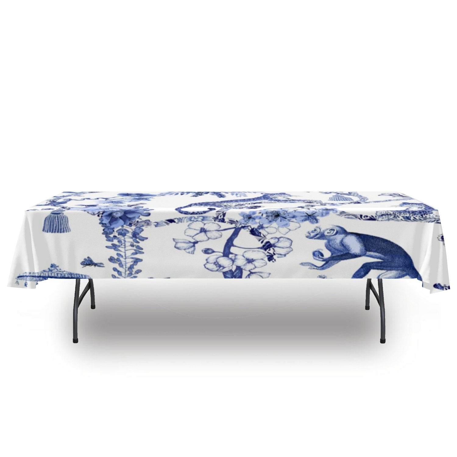 Kate McEnroe New York Chinoiserie Botanical Toile Rectangular Tablecloth, Floral Blue and White Chinoiserie Jungle Table Linen, Farmhouse DecorTablecloths119383