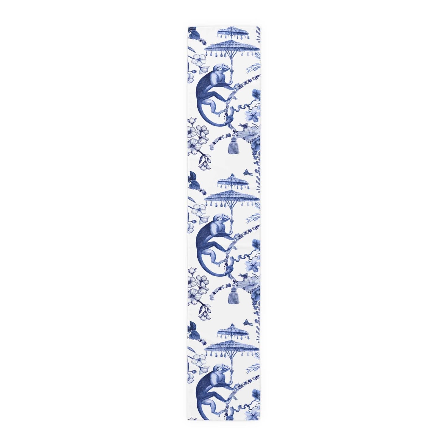 Printify Chinoiserie Botanical Toile Table Runner, Floral Blue, White Chinoiserie Jungle, Country Farmhouse Grandmillenial Table Decor Home Decor