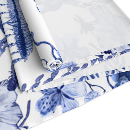 Printify Chinoiserie Botanical Toile Table Runner, Floral Blue, White Chinoiserie Jungle, Country Farmhouse Grandmillenial Table Decor Home Decor