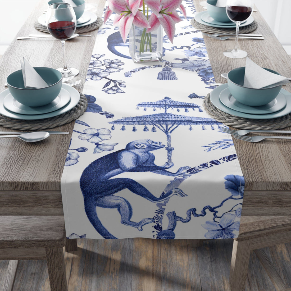 Kate McEnroe New York Chinoiserie Botanical Toile Table Runner, Floral Blue, White Chinoiserie Jungle, Country Farmhouse Grandmillenial Table DecorTable Runners79751148085223957598