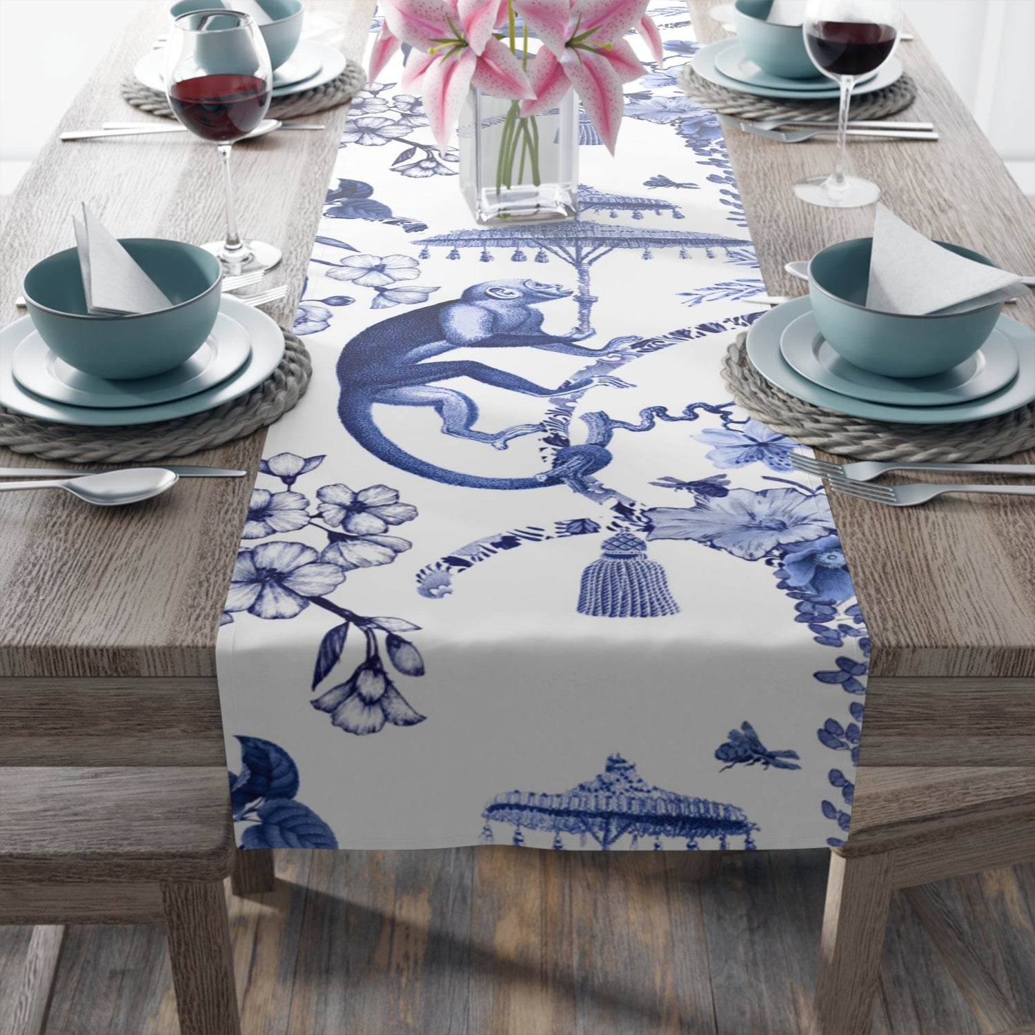 Kate McEnroe New York Chinoiserie Botanical Toile Table Runner, Floral Blue, White Chinoiserie Jungle, Country Farmhouse Grandmillenial Table DecorTable Runners79751148085223957598