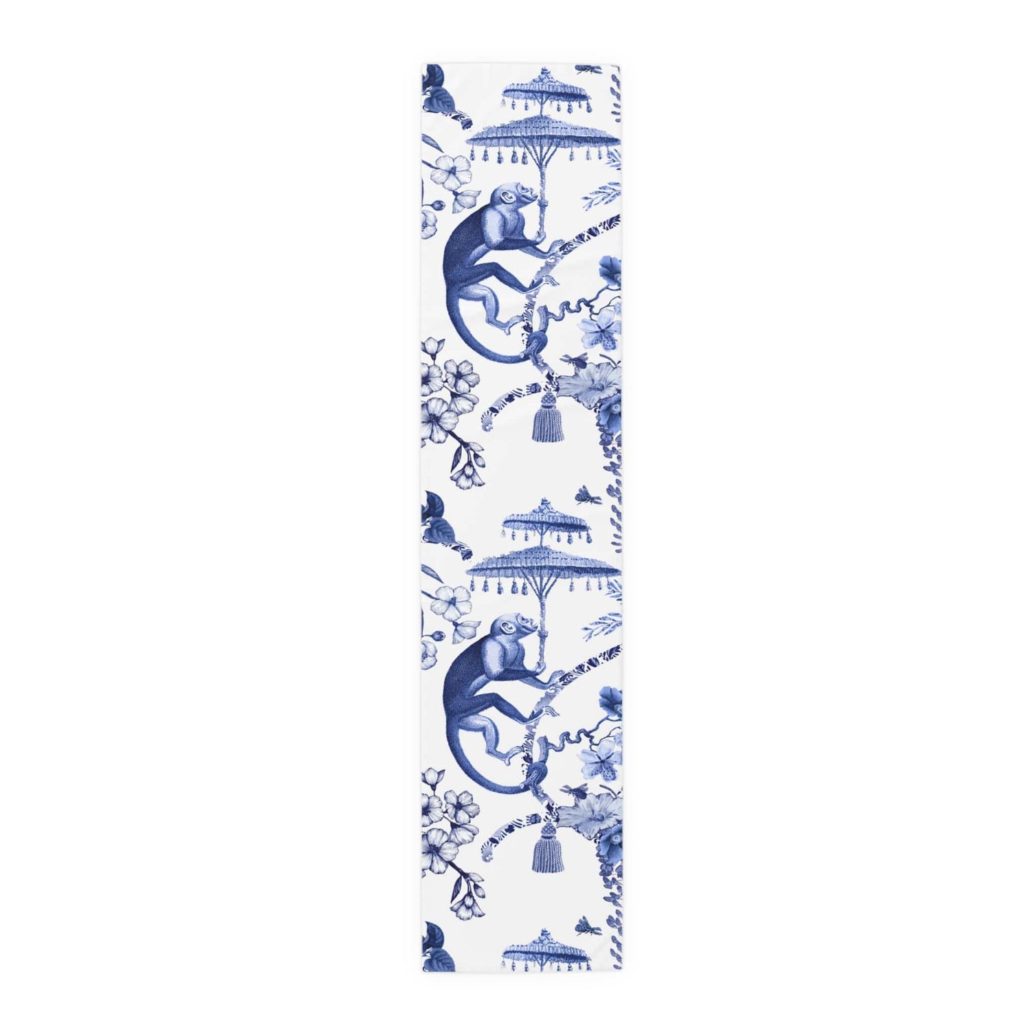 Kate McEnroe New York Chinoiserie Botanical Toile Table Runner, Floral Blue, White Chinoiserie Jungle, Country Farmhouse Grandmillenial Table DecorTable Runners79751148085223957598