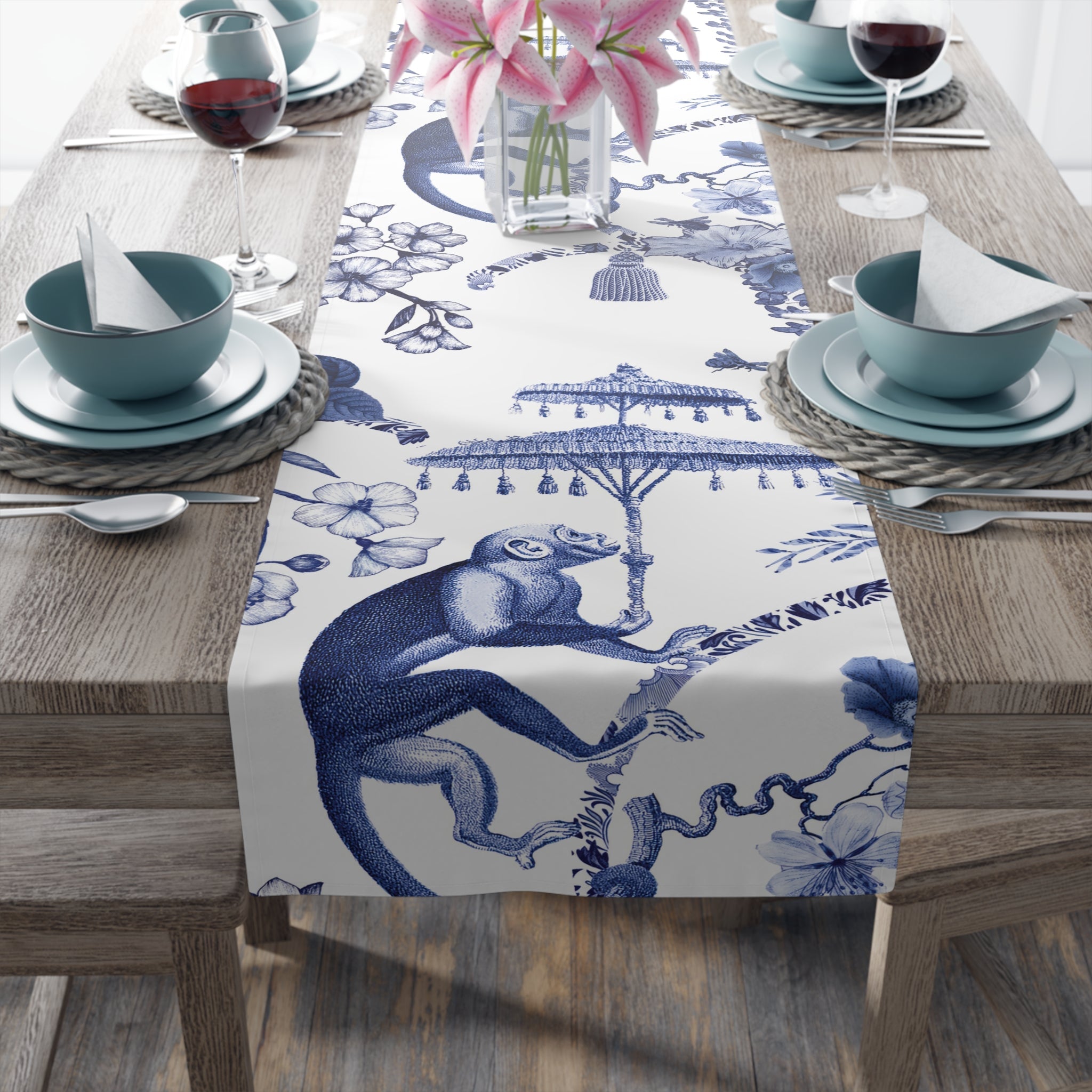 Kate McEnroe New York Chinoiserie Botanical Toile Table Runner, Floral Blue, White Chinoiserie Jungle, Country Farmhouse Grandmillenial Table DecorTable Runners79751148085223957598