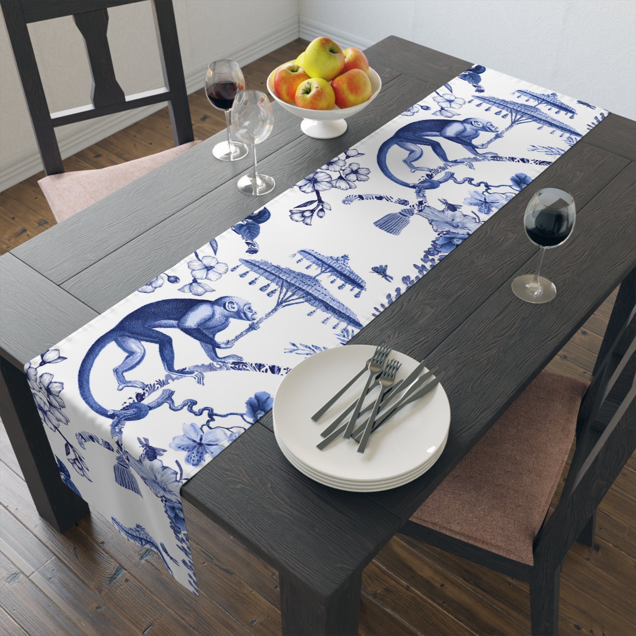 Kate McEnroe New York Chinoiserie Botanical Toile Table Runner, Floral Blue, White Chinoiserie Jungle, Country Farmhouse Grandmillenial Table DecorTable Runners79751148085223957598