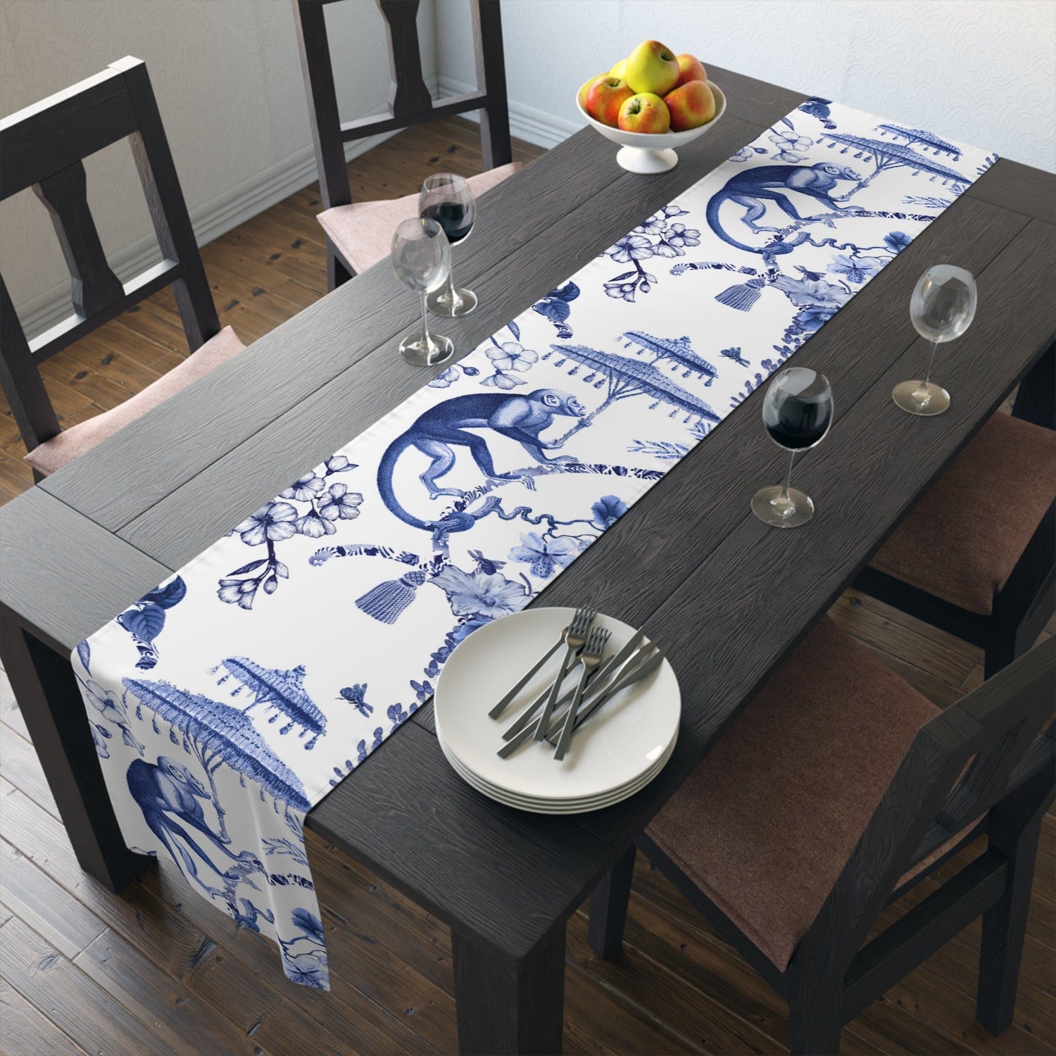 Kate McEnroe New York Chinoiserie Botanical Toile Table Runner, Floral Blue, White Chinoiserie Jungle, Country Farmhouse Grandmillenial Table DecorTable Runners79751148085223957598