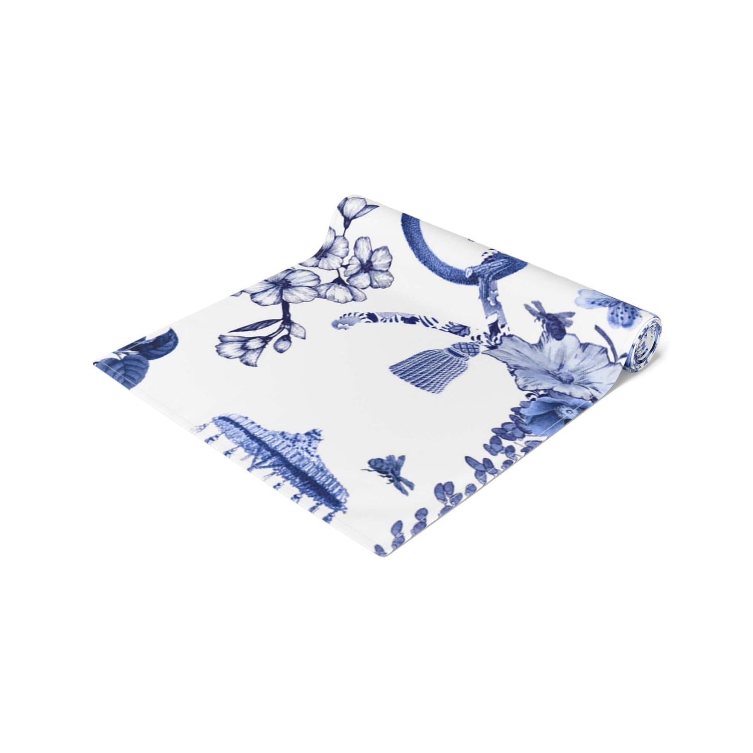 Kate McEnroe New York Chinoiserie Botanical Toile Table Runner, Floral Blue, White Chinoiserie Jungle, Country Farmhouse Grandmillenial Table DecorTable Runners79751148085223957598