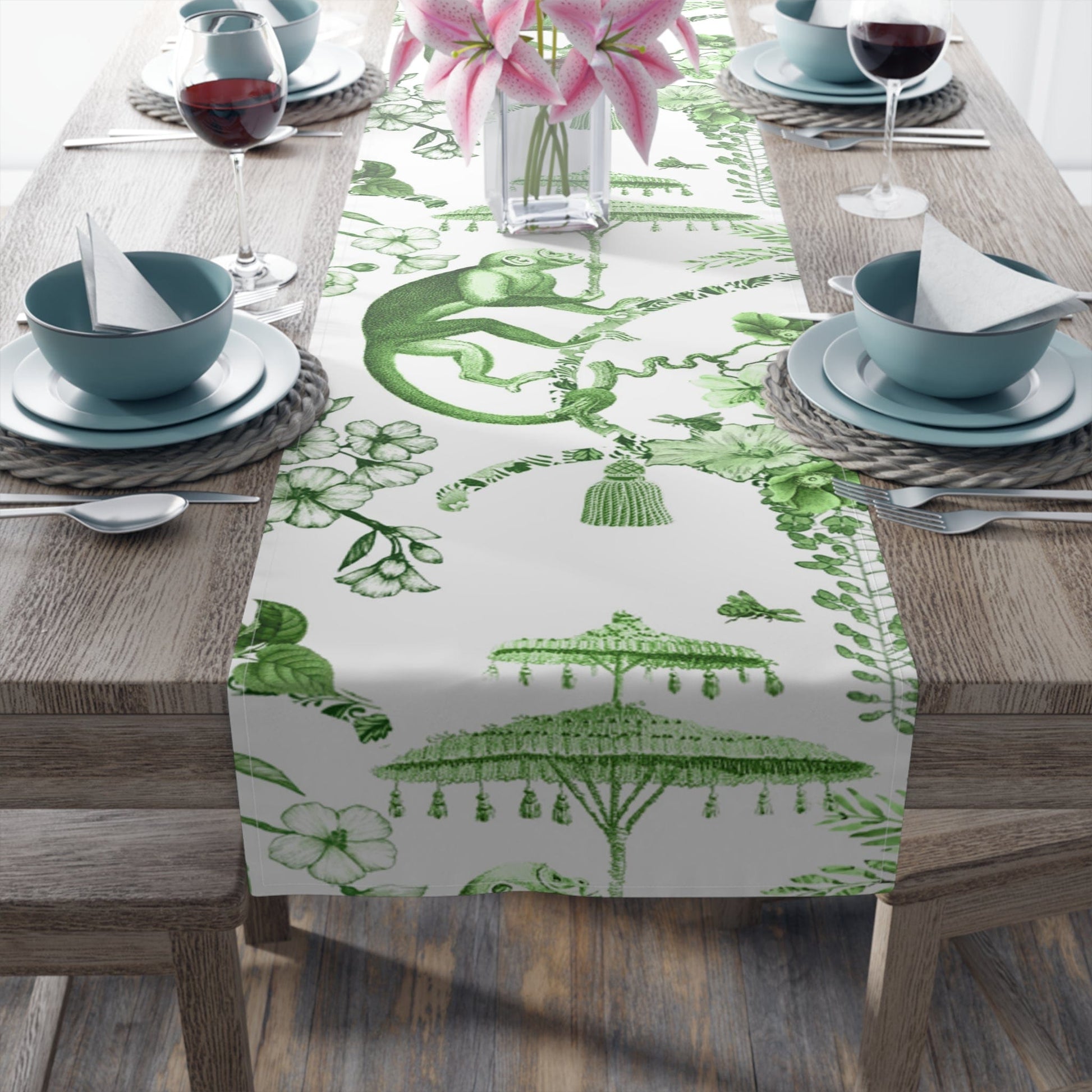 Printify Chinoiserie Botanical Toile Table Runner, Floral Green, White Chinoiserie Jungle, Country Farmhouse Grandmillenial Table Decor Home Decor 16" × 72" / Cotton Twill 82614827852796664693