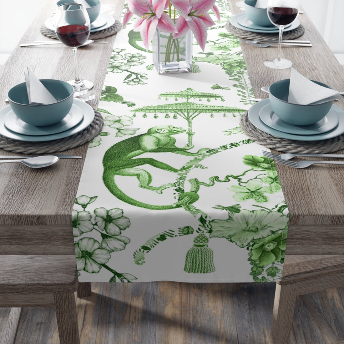 Printify Chinoiserie Botanical Toile Table Runner, Floral Green, White Chinoiserie Jungle, Country Farmhouse Grandmillenial Table Decor Home Decor 16&quot; × 90&quot; / Cotton Twill 33300911032699350133