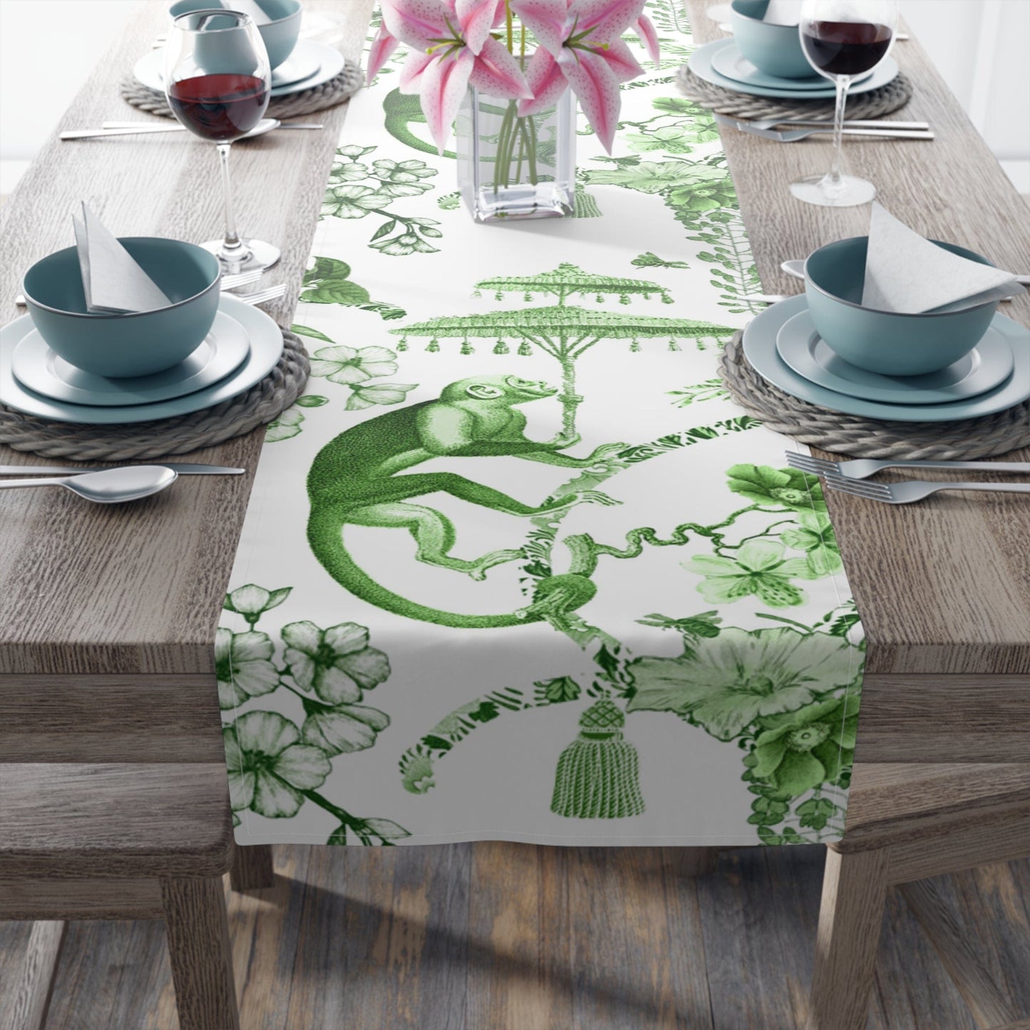 Printify Chinoiserie Botanical Toile Table Runner, Floral Green, White Chinoiserie Jungle, Country Farmhouse Grandmillenial Table Decor Home Decor 16" × 90" / Cotton Twill 33300911032699350133