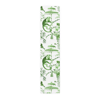 Printify Chinoiserie Botanical Toile Table Runner, Floral Green, White Chinoiserie Jungle, Country Farmhouse Grandmillenial Table Decor Home Decor