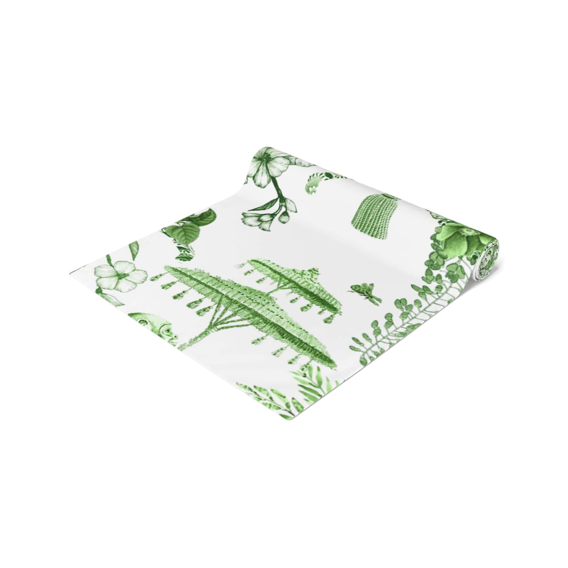 Printify Chinoiserie Botanical Toile Table Runner, Floral Green, White Chinoiserie Jungle, Country Farmhouse Grandmillenial Table Decor Home Decor