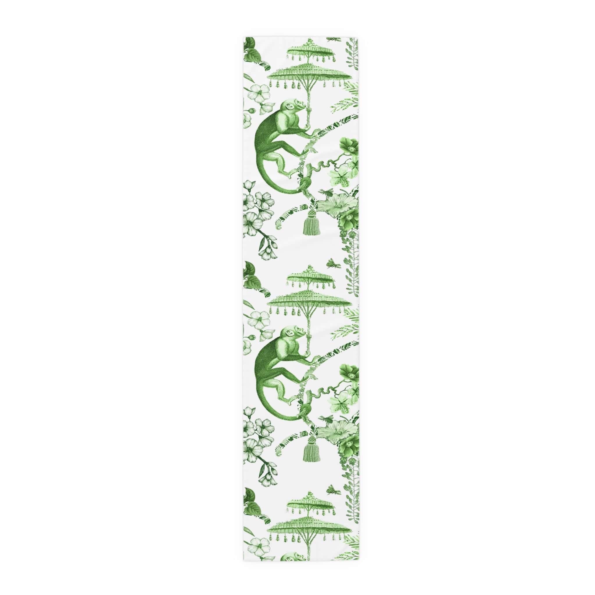 Kate McEnroe New York Chinoiserie Botanical Toile Table Runner, Floral Green, White Chinoiserie Jungle, Country Farmhouse Grandmillenial Table DecorTable Runners30339262259070302205