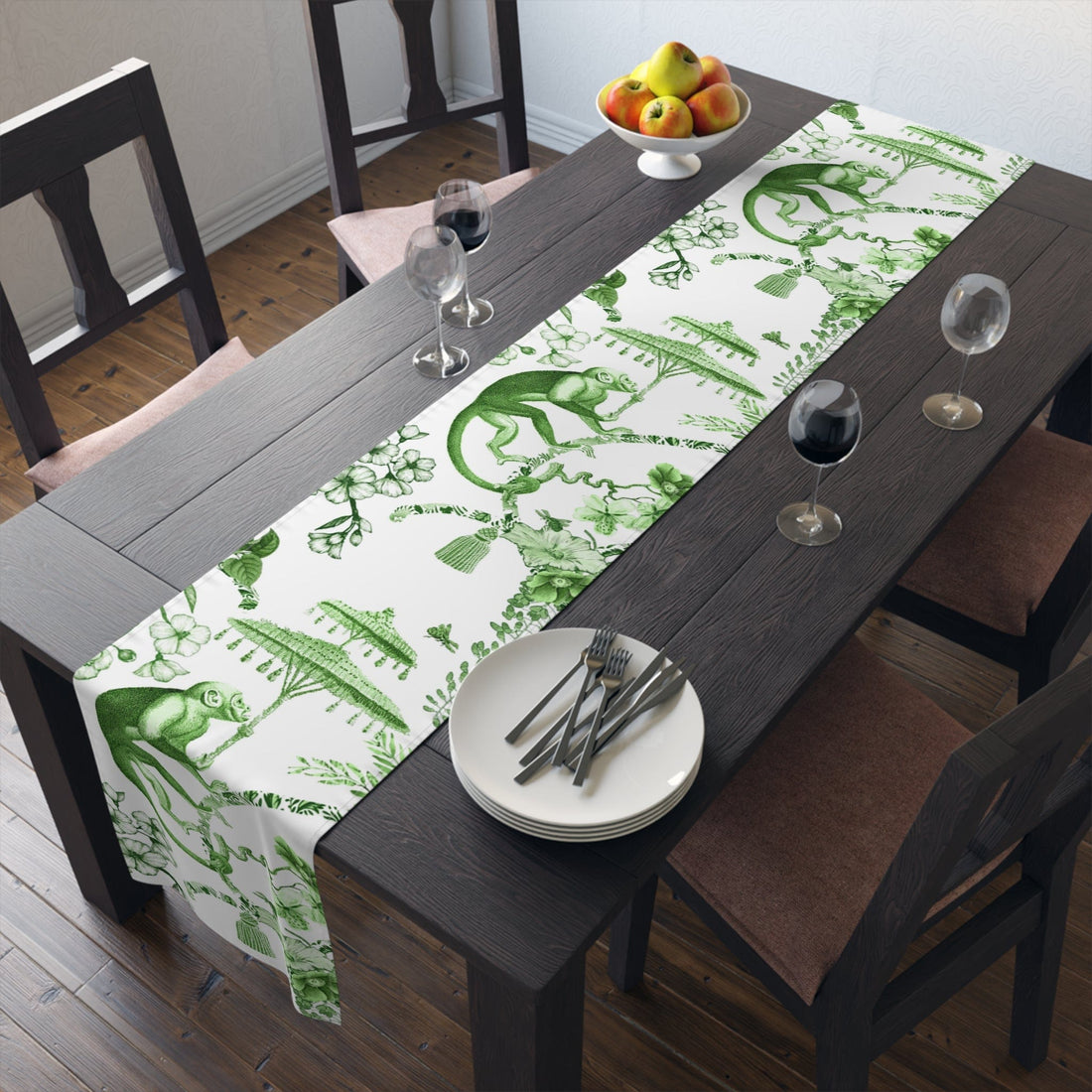 Kate McEnroe New York Chinoiserie Botanical Toile Table Runner, Floral Green, White Chinoiserie Jungle, Country Farmhouse Grandmillenial Table DecorTable Runners33300911032699350133
