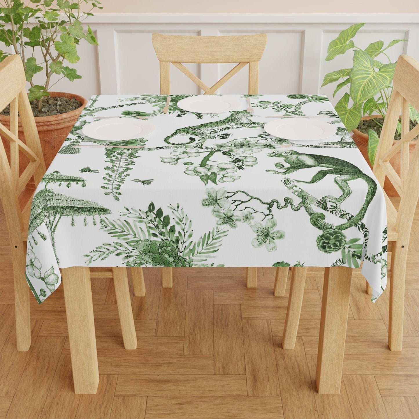 Kate McEnroe New York Chinoiserie Botanical Toile Tablecloth, Floral Green, White Chinoiserie Jungle, Country Farmhouse Table Decor, Grandmillenial Kitchen Decor Tablecloths 20990366732955140771