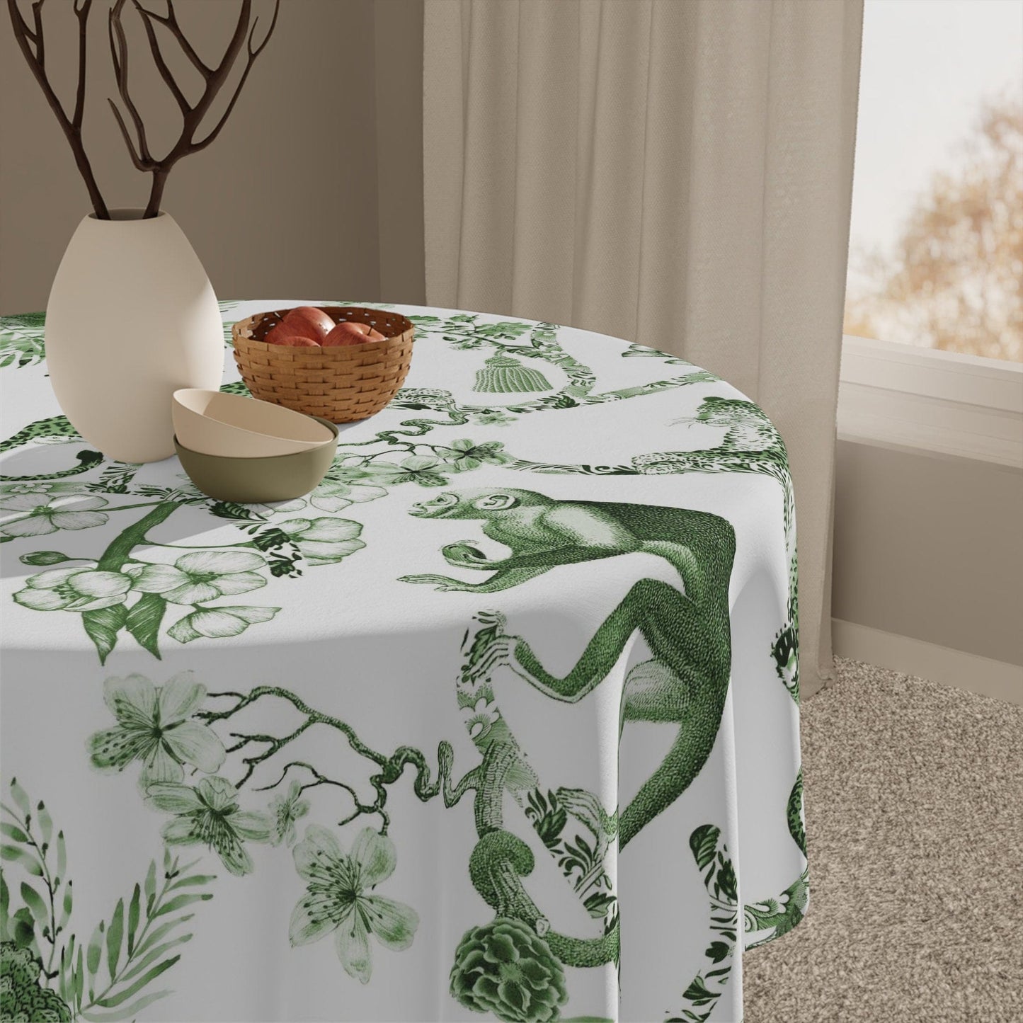 Kate McEnroe New York Chinoiserie Botanical Toile Tablecloth, Floral Green, White Chinoiserie Jungle, Country Farmhouse Table Decor, Grandmillenial Kitchen Decor Tablecloths 20990366732955140771