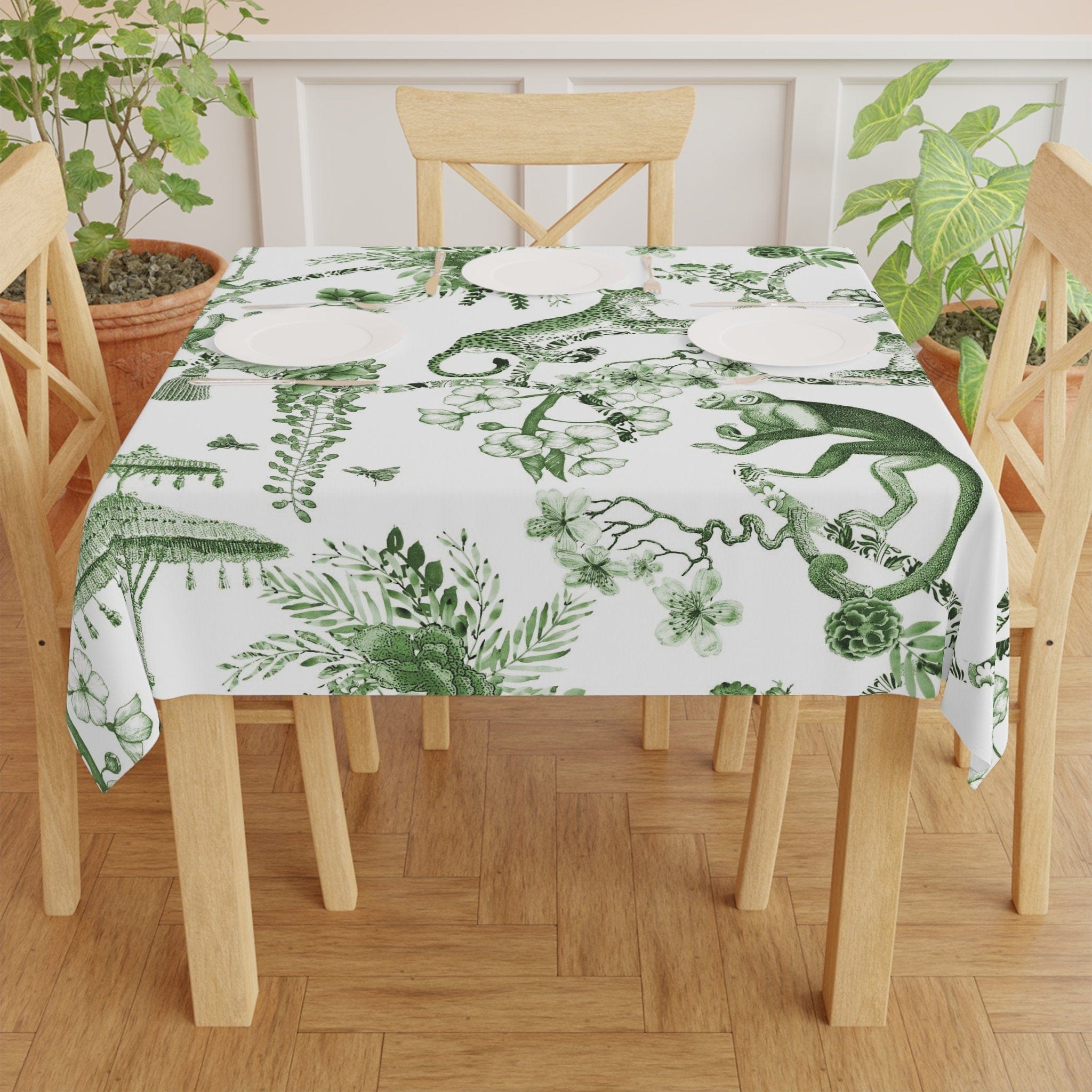 Kate McEnroe New York Chinoiserie Botanical Toile Tablecloth, Floral Green, White Chinoiserie Jungle, Country Farmhouse Table Decor, Grandmillenial Kitchen DecorTablecloths20990366732955140771