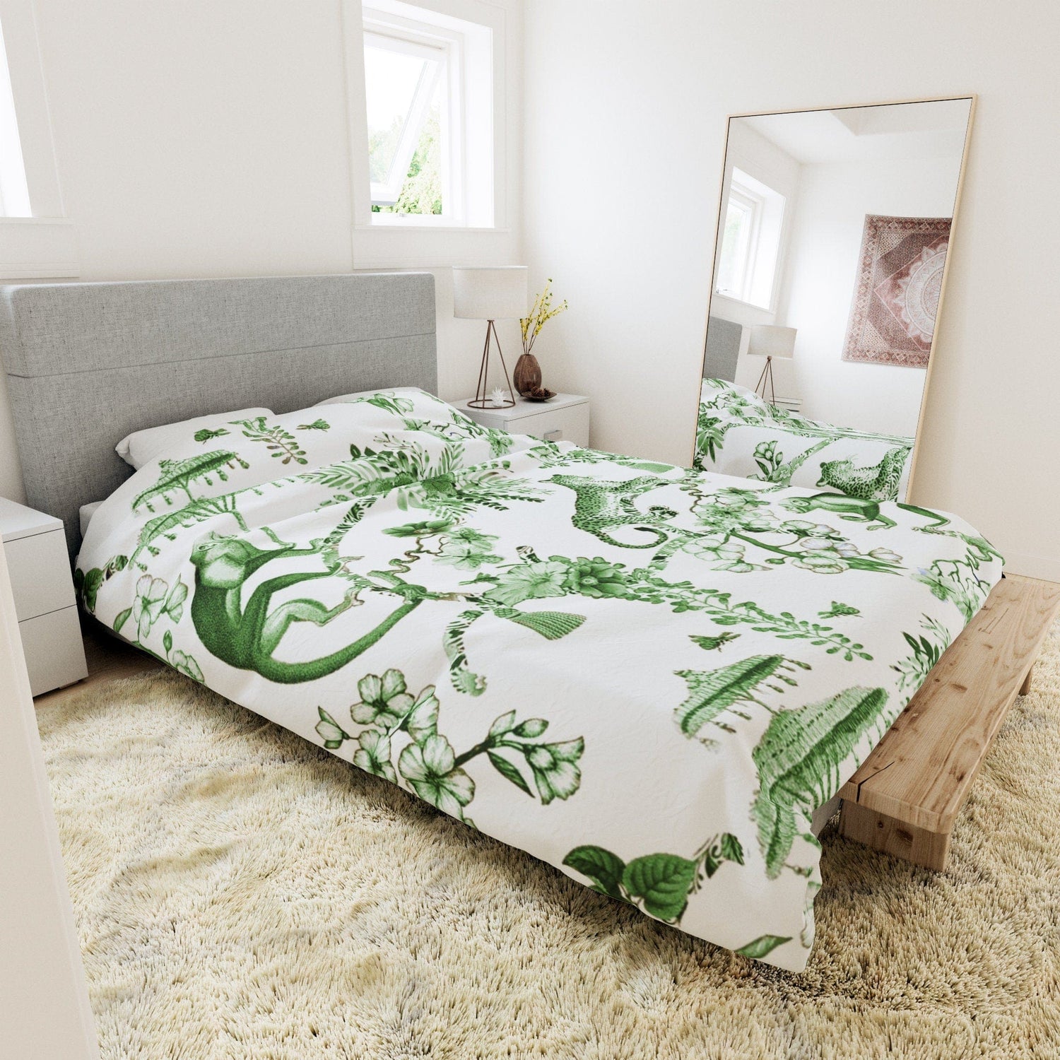 Kate McEnroe New York Chinoiserie Duvet Cover, Floral Green and White Chinoiserie Jungle, Queen, King, Twin, XL Bedding, Botanical Toile Bedding Collection Duvet Covers