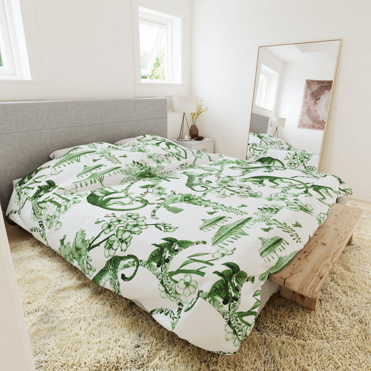 Kate McEnroe New York Chinoiserie Duvet Cover, Floral Green and White Chinoiserie Jungle, Queen, King, Twin, XL Bedding, Botanical Toile Bedding Collection Duvet Covers
