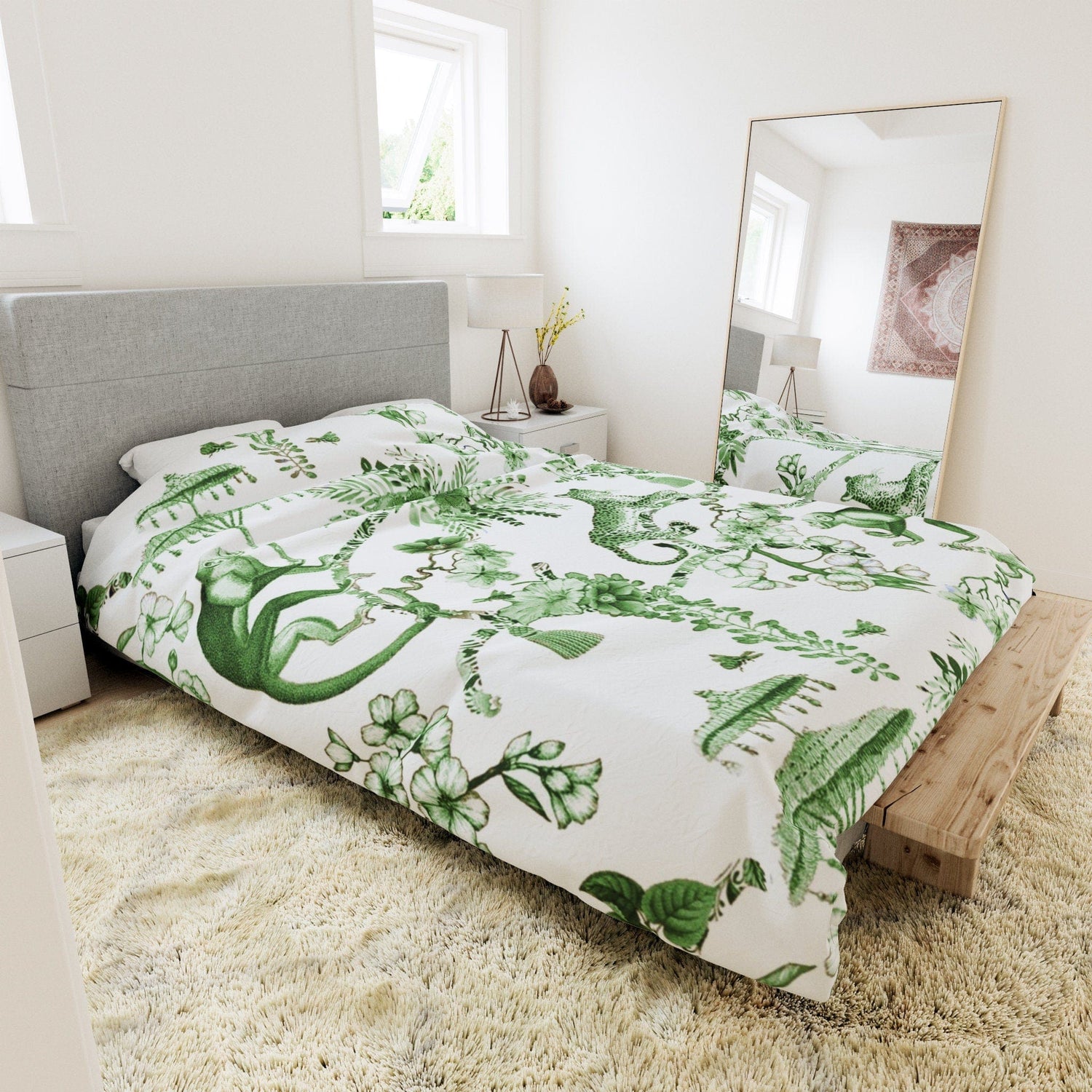 Kate McEnroe New York Chinoiserie Duvet Cover, Floral Green and White Chinoiserie Jungle, Queen, King, Twin, XL Bedding, Botanical Toile Bedding CollectionDuvet Covers31109295613648555350