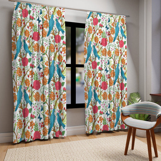 Kate McEnroe New York Chinoiserie Floral and Exotic Bird Botanical Garden Curtains in Pink, Green, Orange and Blue by Kate McEnroe New York - KM13809923 Window Curtains